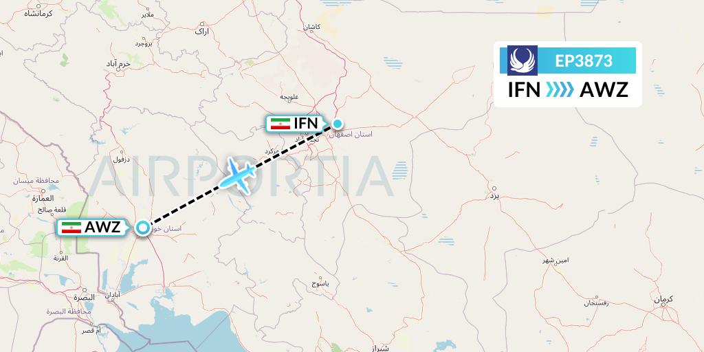 EP3873 Iran Aseman Airlines Flight Map: Isfahan to Ahvaz