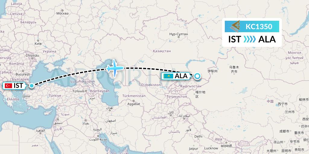 KC1350 Air Astana Flight Map: Istanbul to Almaty
