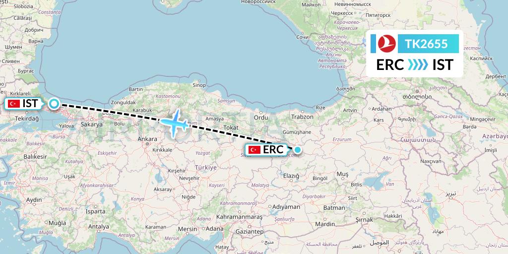 TK2655 Turkish Airlines Flight Map: Erzincan to Istanbul