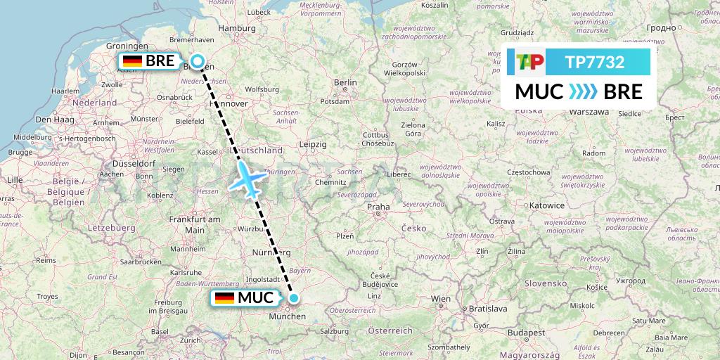 TP7732 TAP Portugal Flight Map: Munich to Bremen