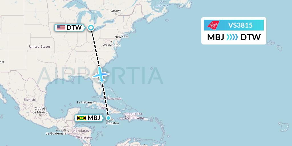 VS3815 Virgin Atlantic Airways Flight Map: Montego Bay to Detroit