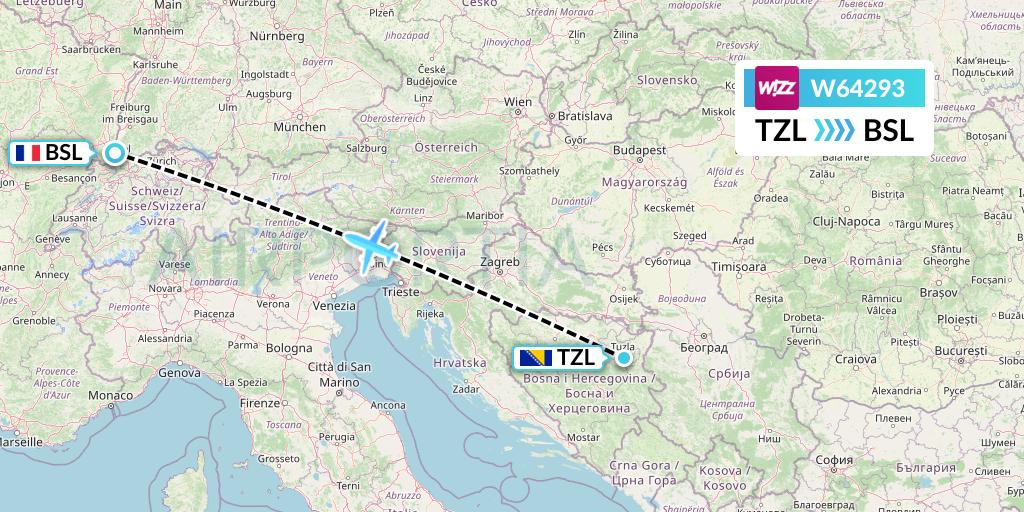 W64293 Wizz Air Flight Map: Tuzla to Basel