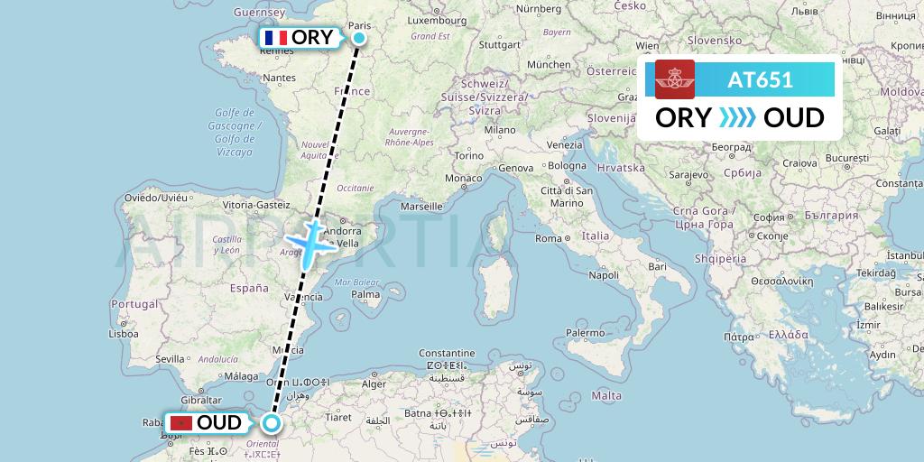 AT651 Royal Air Maroc Flight Map: Paris to Oujda