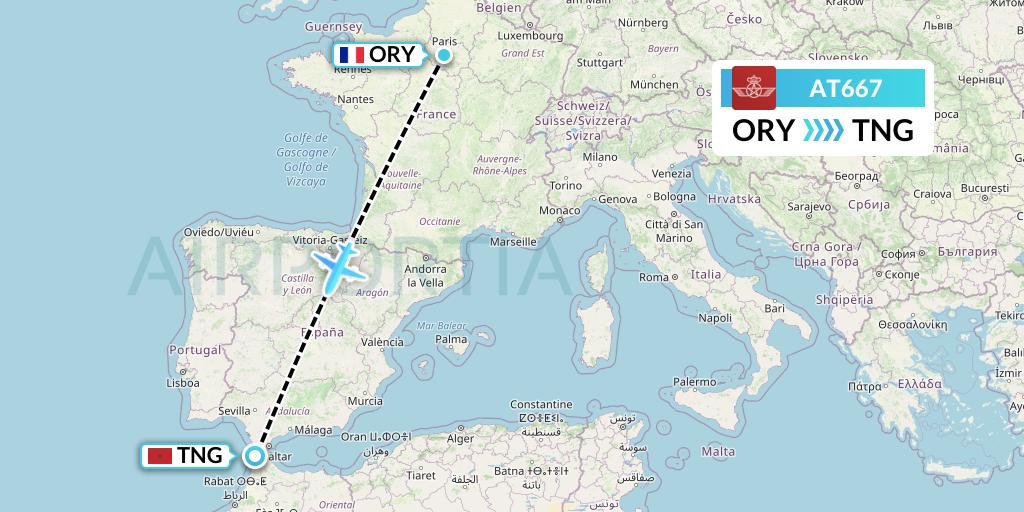 AT667 Royal Air Maroc Flight Map: Paris to Tangier