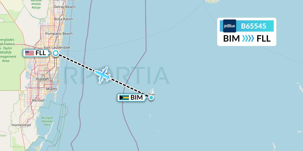 B65545 JetBlue Airways Flight Map: South Bimini to Fort Lauderdale