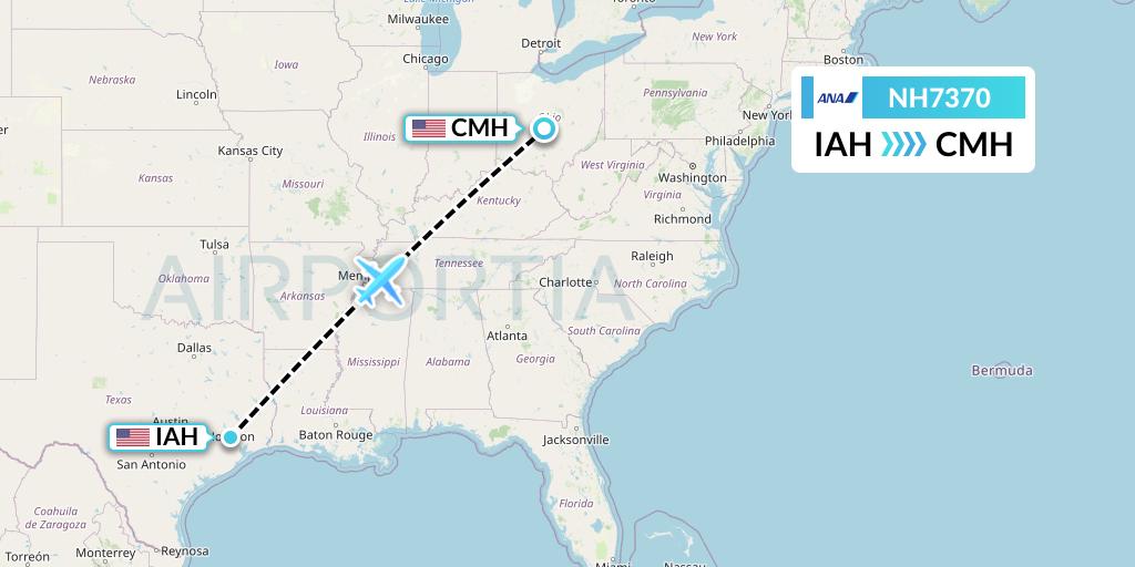 NH7370 All Nippon Airways Flight Map: Houston to Columbus