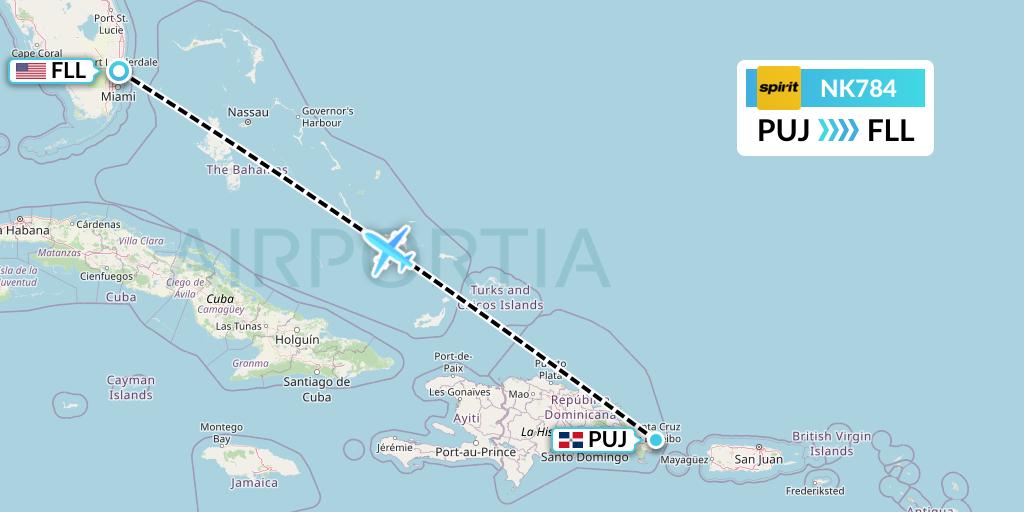 NK784 Spirit Airlines Flight Map: Punta Cana to Fort Lauderdale