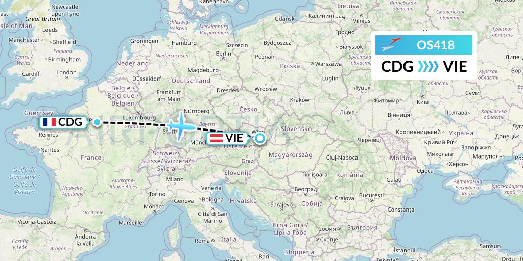 OS418 Austrian Airlines Flight Map: Paris to Vienna