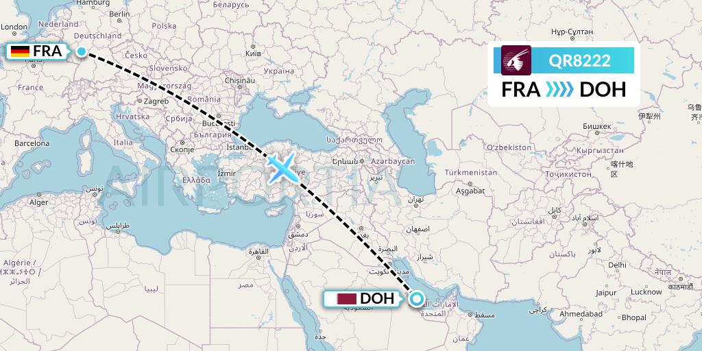 QR8222 Qatar Airways Flight Map: Frankfurt to Doha