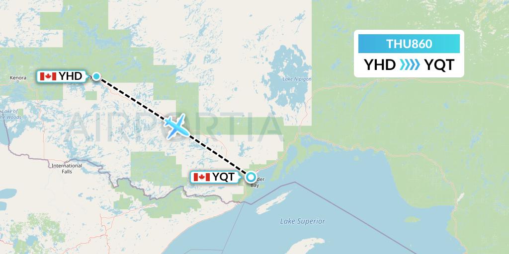 THU860 Thunder Airlines Flight Map: Dryden to Thunder Bay