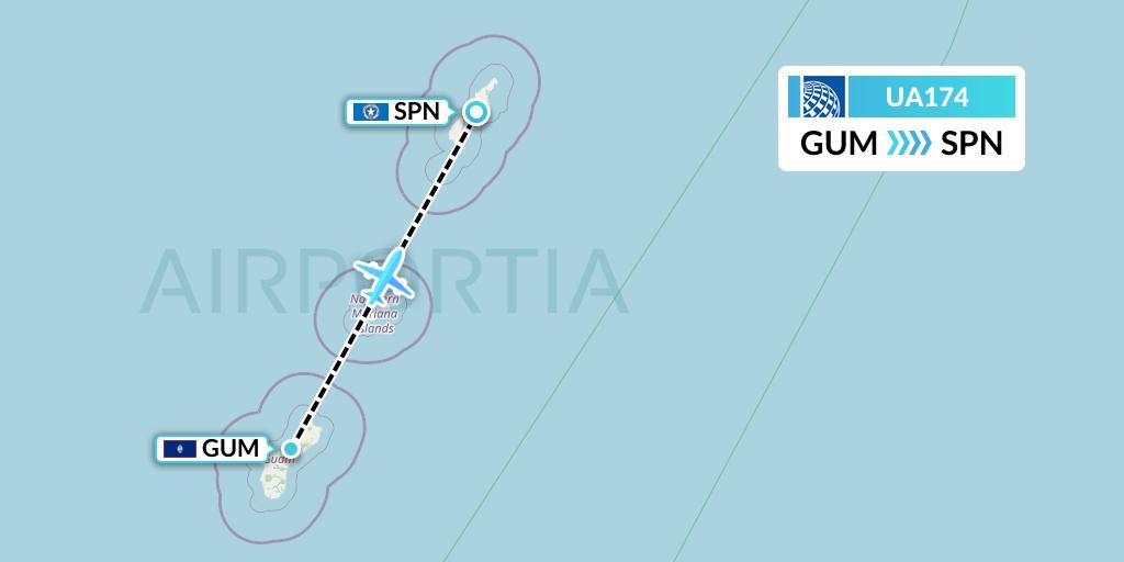 UA174 United Airlines Flight Map: Guam to Saipan