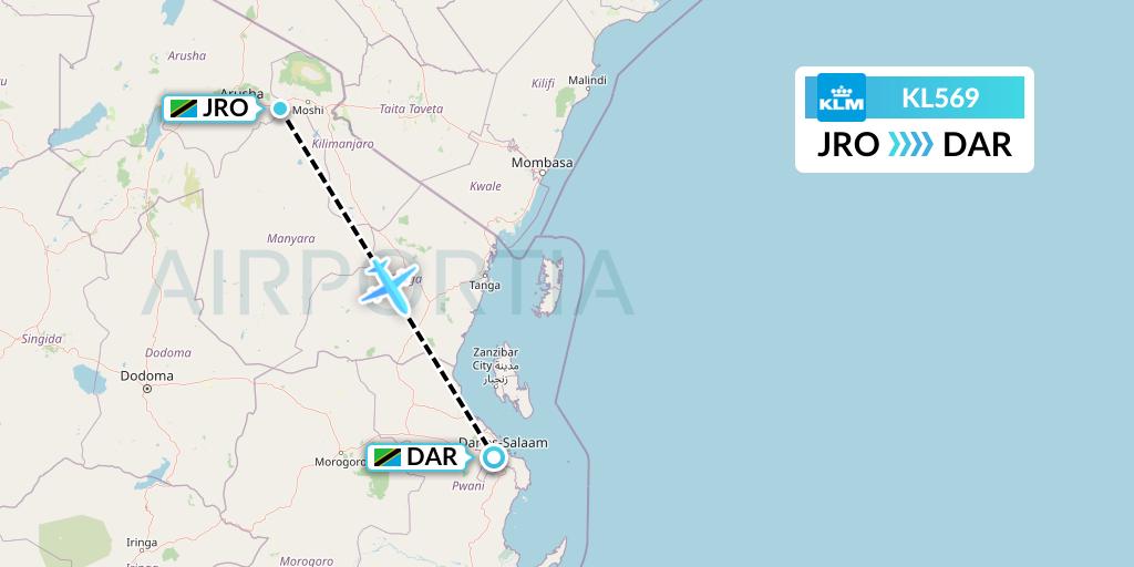 KL569 KLM Flight Map: Kilimanjaro to Dar-es-Salaam