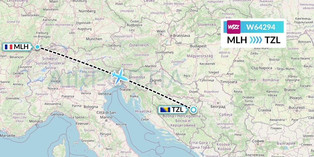 W64294 Wizz Air Flight Map: Basel Mulhouse Freiburg to Tuzla
