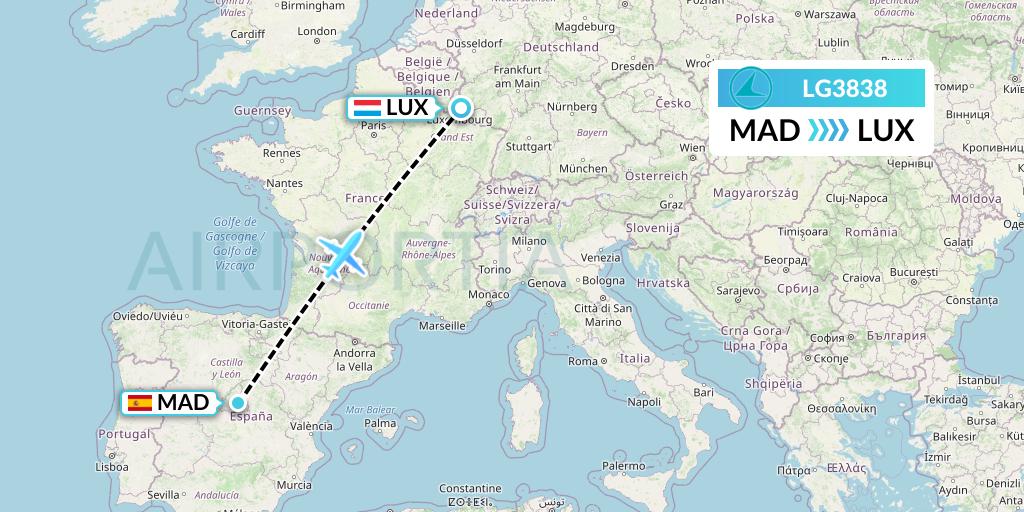 LG3838 Luxair Flight Map: Madrid to Luxembourg