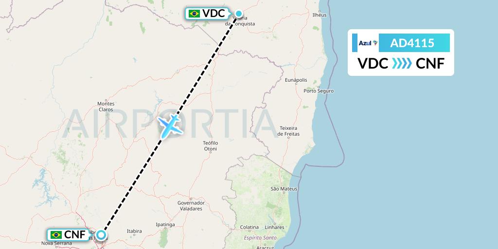 AD4115 Azul Brazilian Airlines Flight Map: Vitoria Da Conquista to Belo Horizonte
