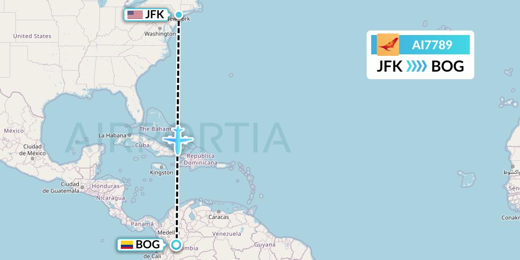 AI7789 Air India Flight Map: New York to Bogota
