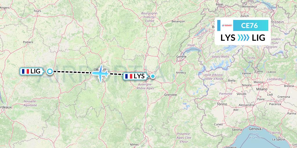 CE76 Chalair Aviation Flight Map: Lyon to Limoges
