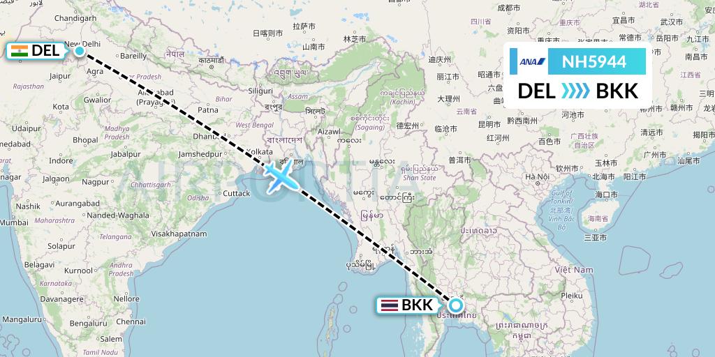 NH5944 All Nippon Airways Flight Map: Delhi to Bangkok