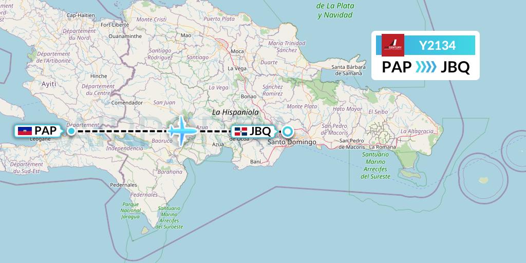 Y2134 Air Century Flight Map: Port-au-Prince to Santo Domingo