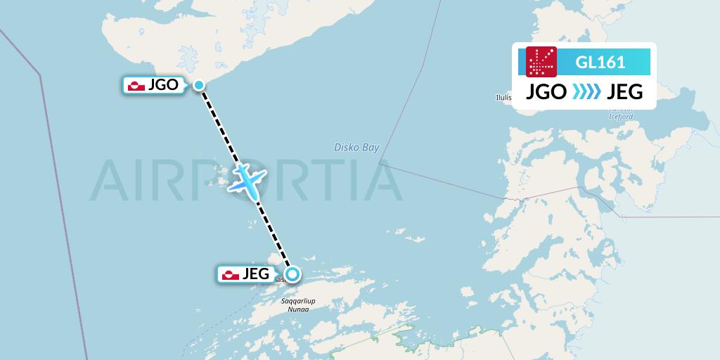 GL161 Air Greenland Flight Map: Qeqertarsuaq Airport to Aasiaat