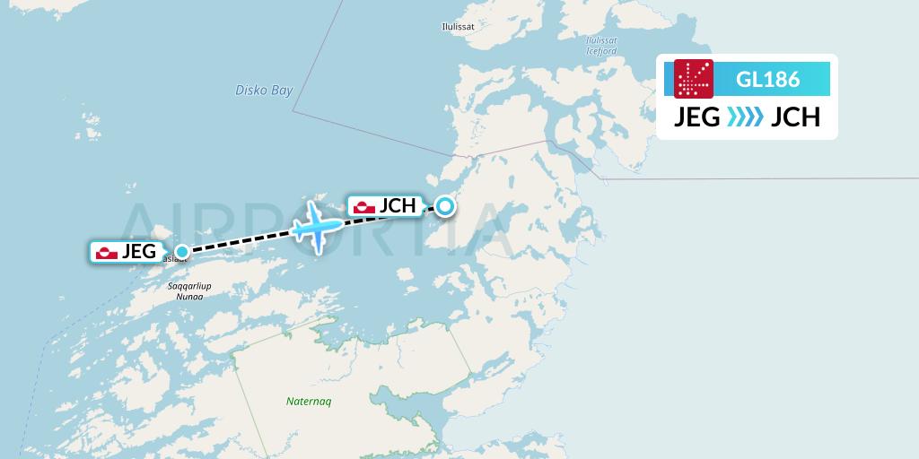 GL186 Air Greenland Flight Map: Aasiaat to Qasigiannguit
