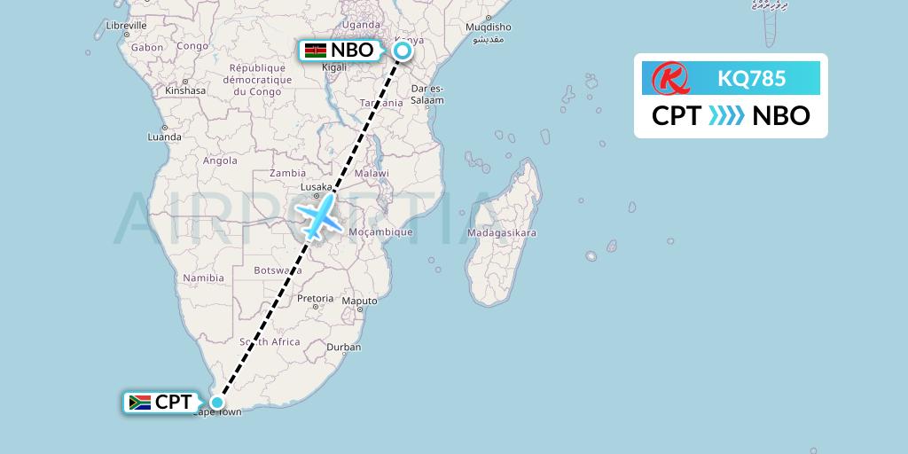 KQ785 Kenya Airways Flight Map: Cape Town to Nairobi