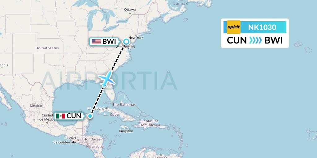 NK1030 Spirit Airlines Flight Map: Cancun to Baltimore