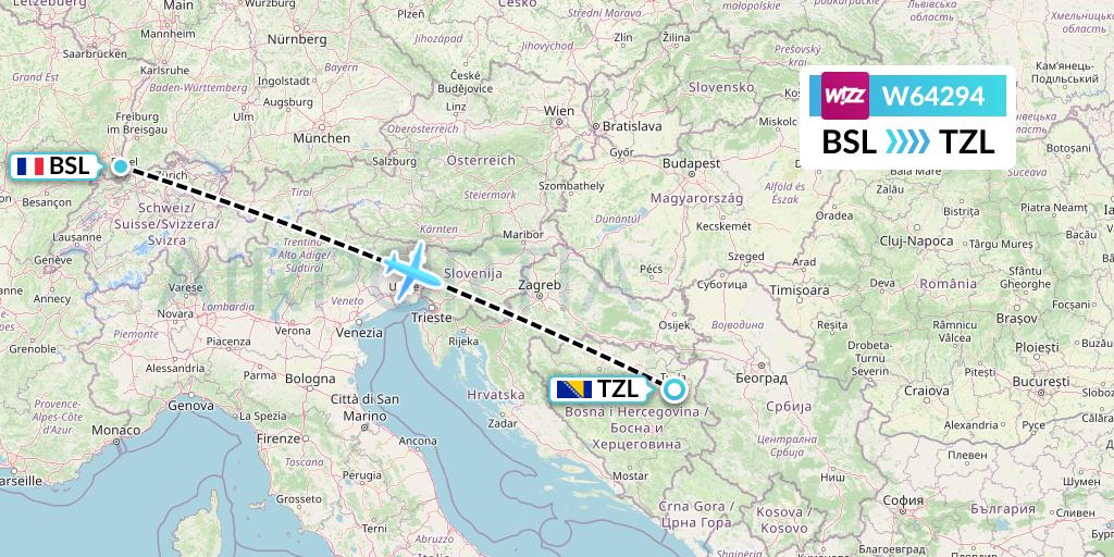 W64294 Wizz Air Flight Map: Basel to Tuzla