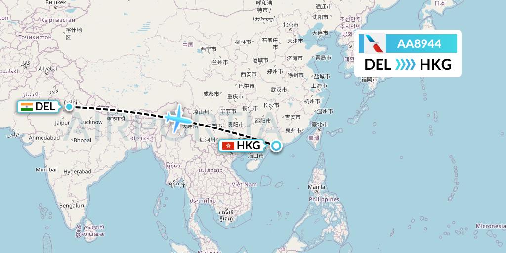 AA8944 American Airlines Flight Map: Delhi to Hong Kong