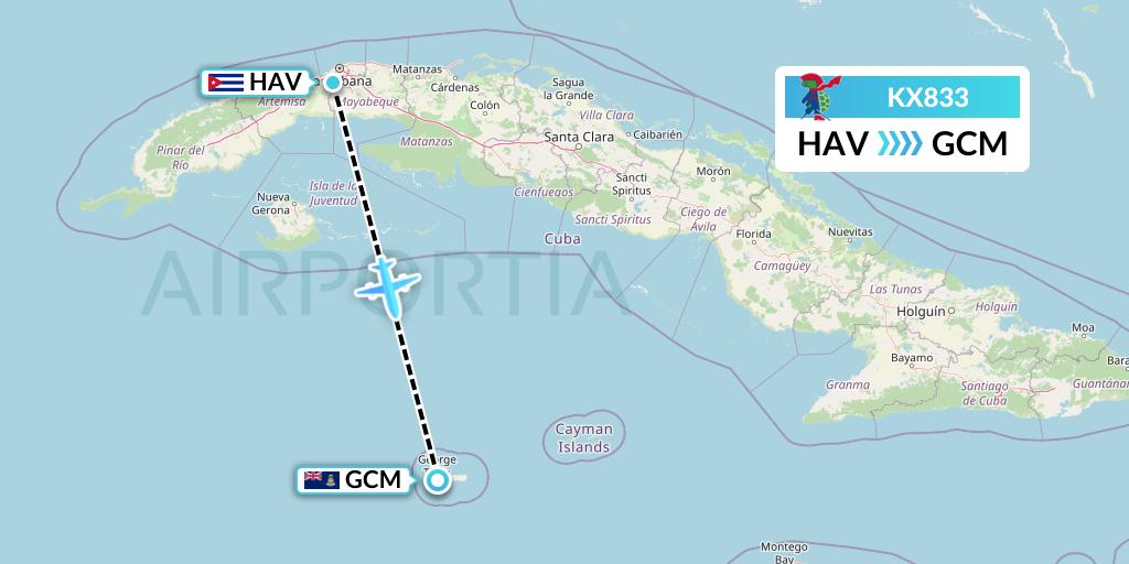 KX833 Cayman Airways Flight Map: Havana to George Town
