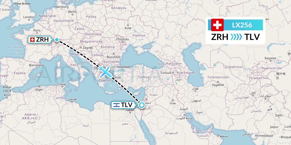 LX256 Swiss Flight Map: Zurich to Tel Aviv