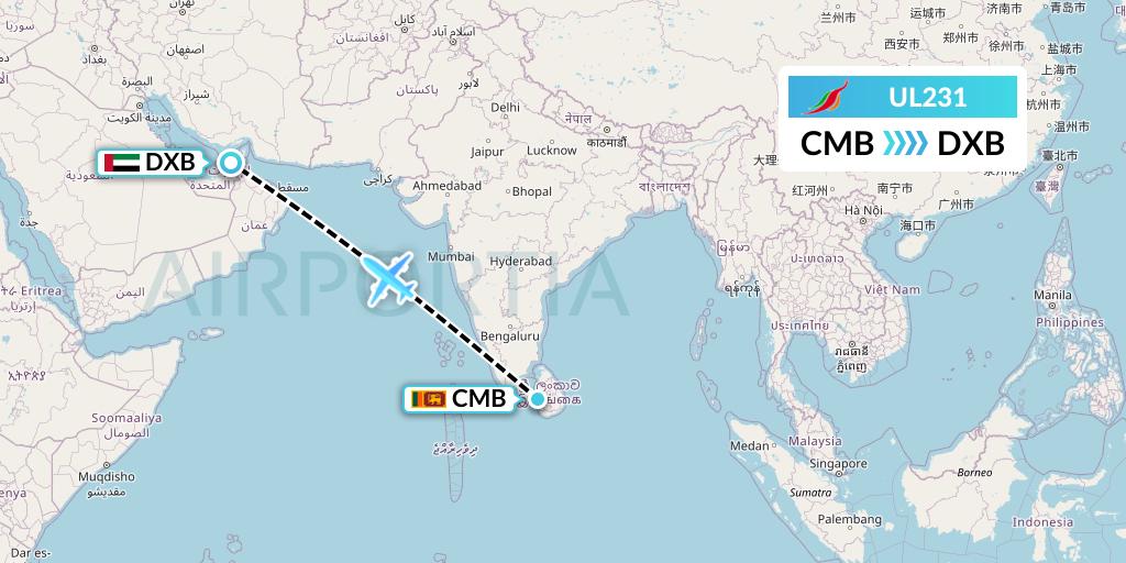 UL231 SriLankan Airlines Flight Map: Colombo to Dubai