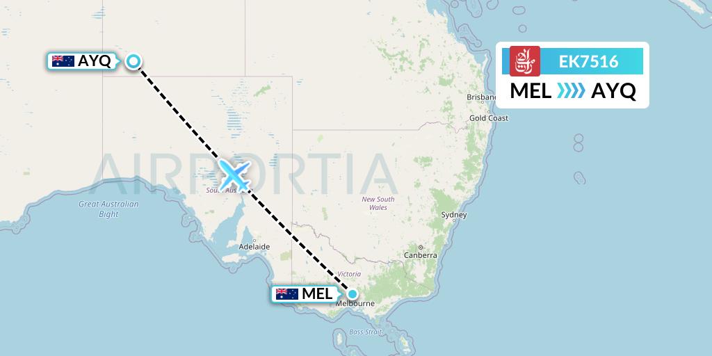 EK7516 Emirates Flight Map: Melbourne to Ayers Rock