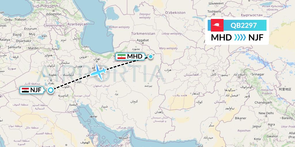 QB2297 Qeshm Airlines Flight Map: Mashhad to Najaf
