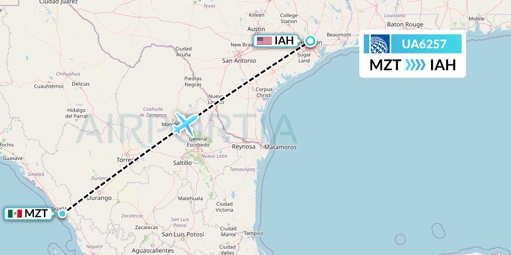 UA6257 United Airlines Flight Map: Mazatlan to Houston