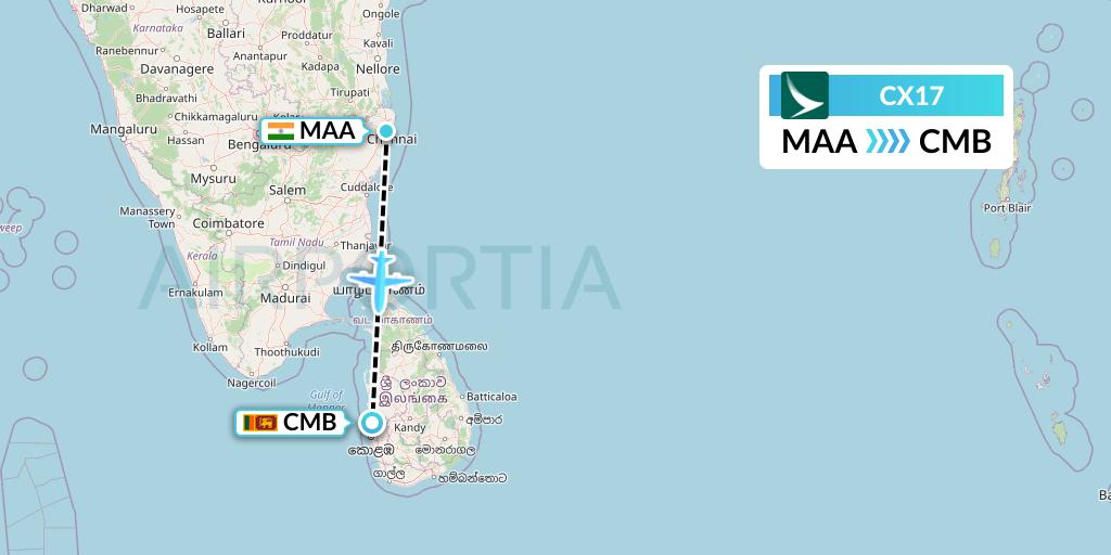 CX17 Cathay Pacific Flight Map: Chennai to Colombo