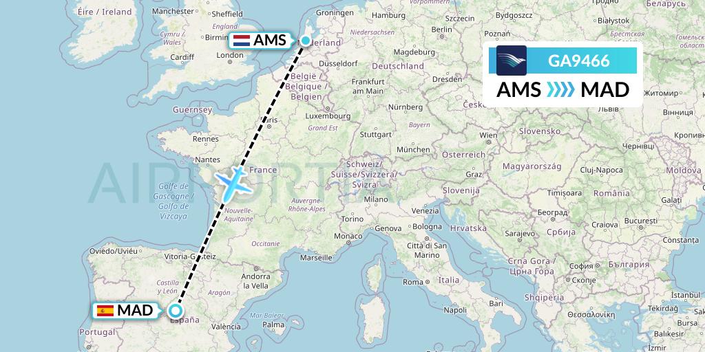 GA9466 Garuda Indonesia Flight Map: Amsterdam to Madrid