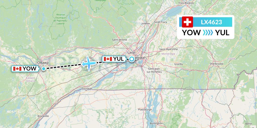LX4623 Swiss Flight Map: Ottawa to Montreal