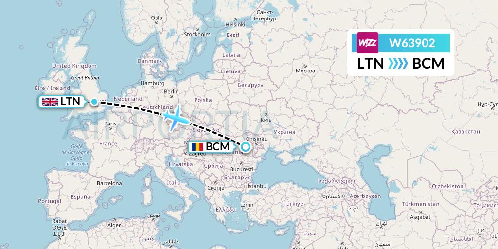 W63902 Wizz Air Flight Map: London to Bacau