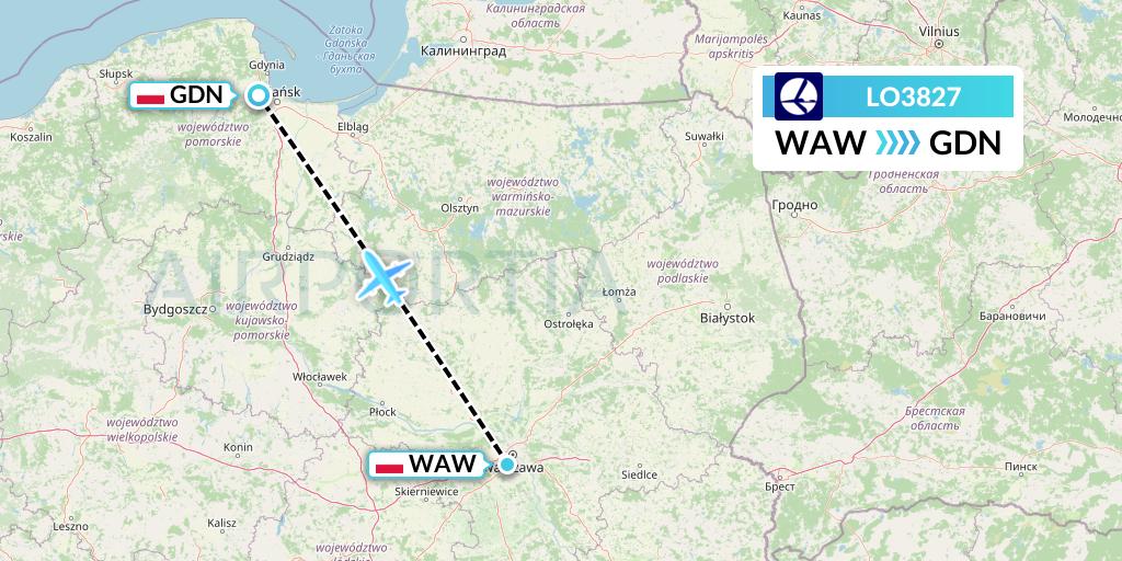 LO3827 LOT Flight Map: Warsaw to Gdansk