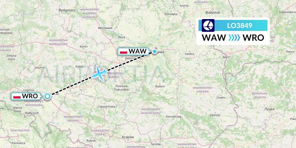 LO3849 LOT Flight Map: Warsaw to Wroclaw