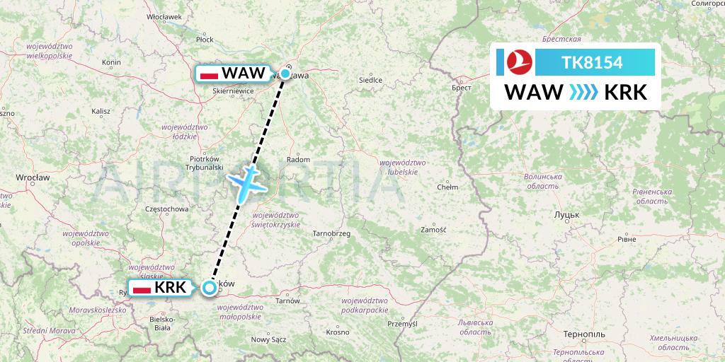 TK8154 Turkish Airlines Flight Map: Warsaw to Krakow
