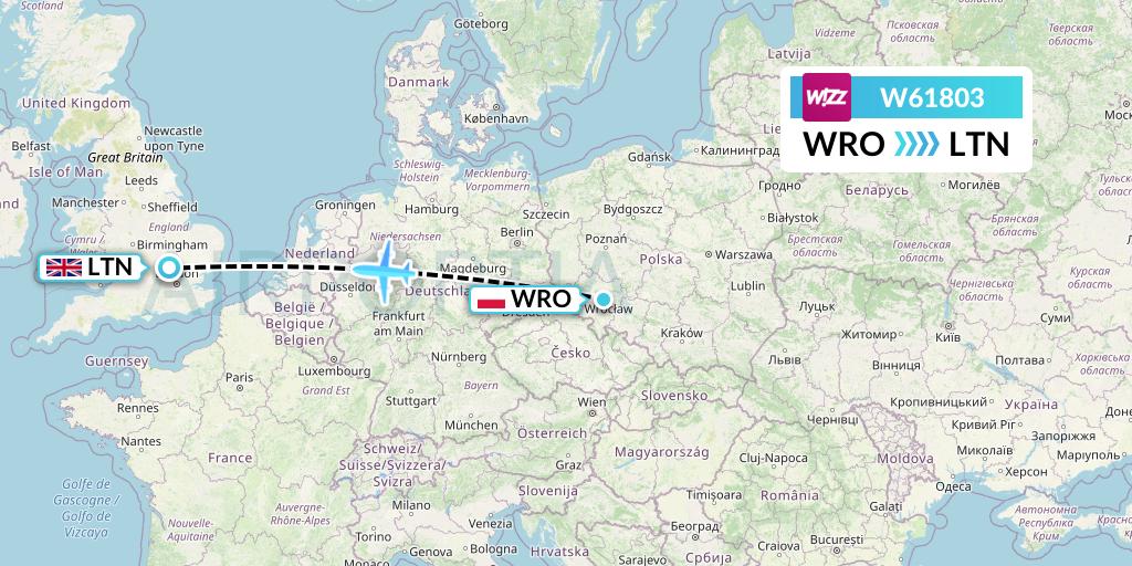 W61803 Wizz Air Flight Map: Wroclaw to London