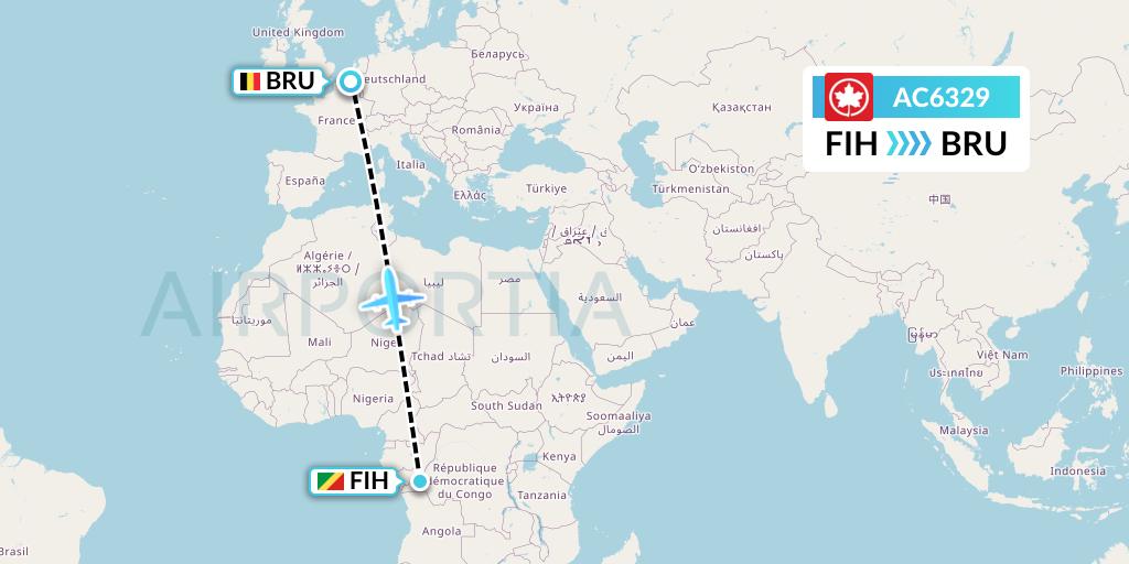 AC6329 Air Canada Flight Map: Kinshasa to Brussels