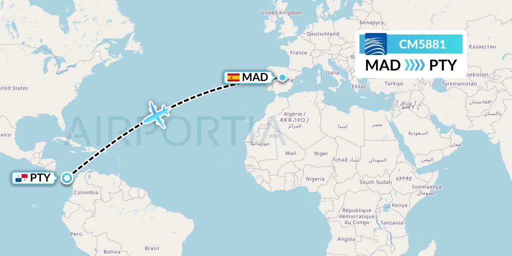CM5881 Copa Airlines Flight Map: Madrid to Panama City