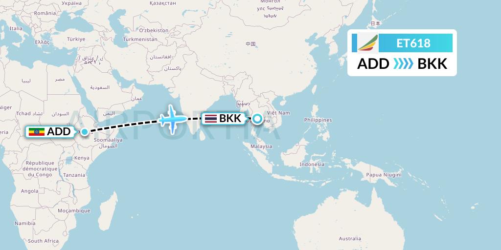 ET618 Ethiopian Airlines Flight Map: Addis Ababa to Bangkok