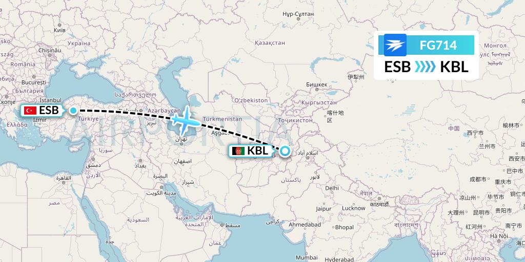 FG714 Ariana Afghan Airlines Flight Map: Ankara to Kabul