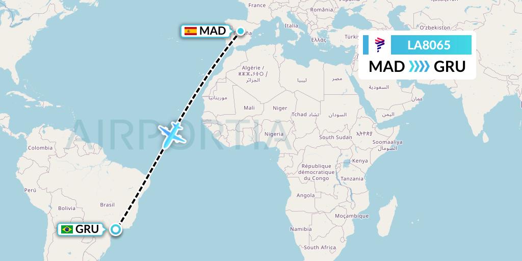 LA8065 LAN Airlines Flight Map: Madrid to Sao Paulo