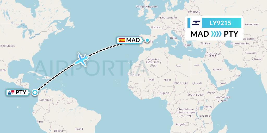 LY9215 El Al Flight Map: Madrid to Panama City