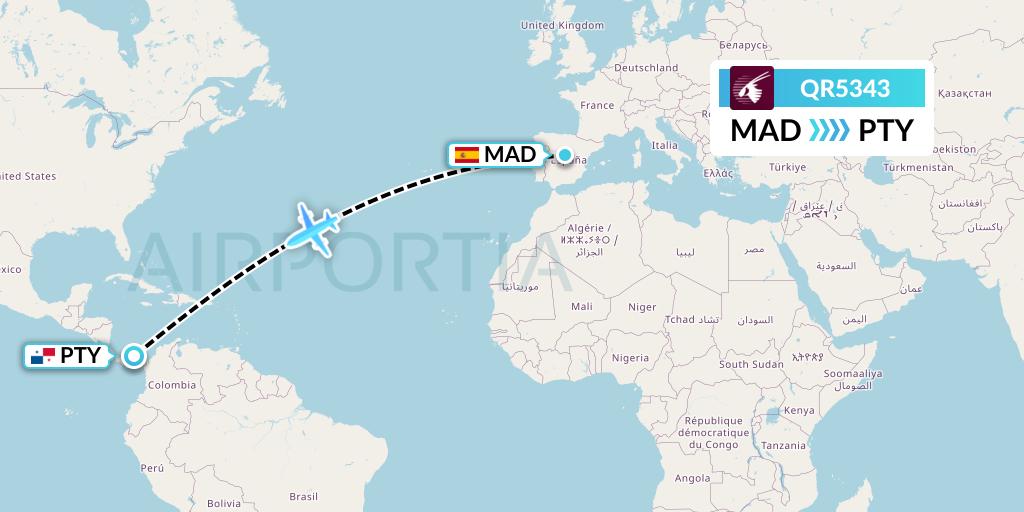 QR5343 Qatar Airways Flight Map: Madrid to Panama City